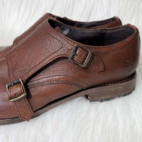 SOLD-Frye Leather Womens Buckled Oxford Flats, Menswear-Inspired Cognac Loafer - Picture 4 of 13